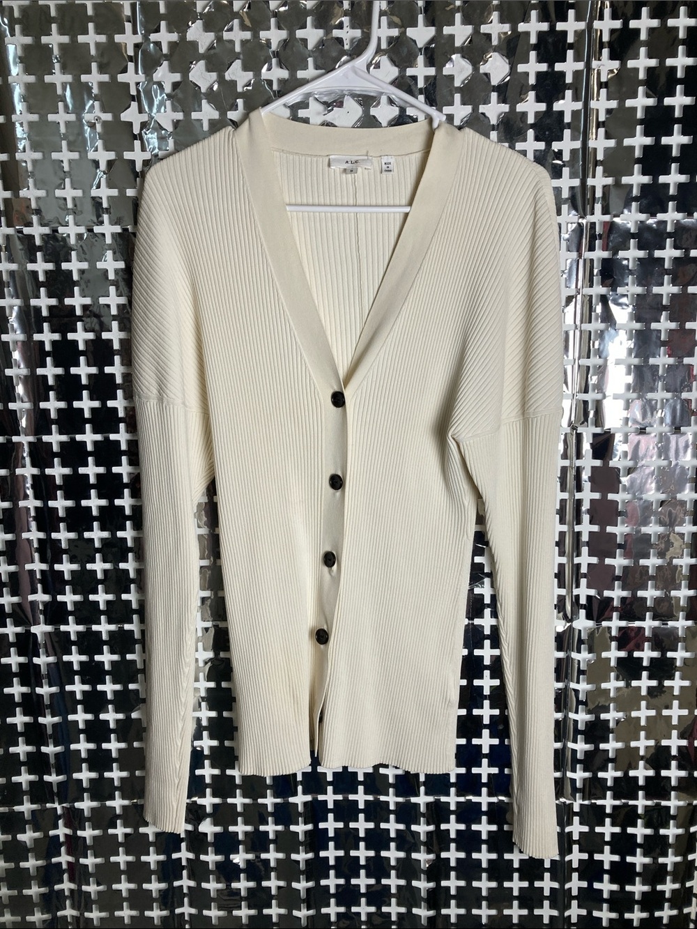 A.L.C. Cream Ribbed V-Neck Button-Front Cardigan
